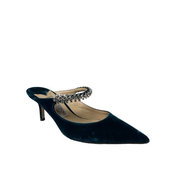 JIMMY CHOO Blue Velvet Crystal Strap Bling Pointed Toe Mules Heels 37.5 US 7.5 - Picture 2 of 8